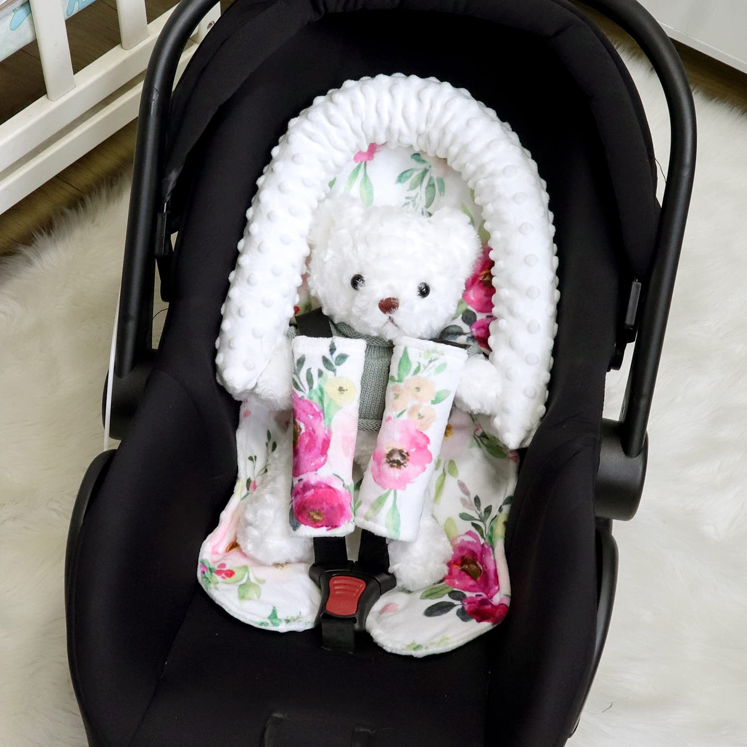 TANOFAR Car Seat Head Support & Car Seat Cover for Baby Girls,Soft Warm Carseat Insert, Double Layers, Watercolor Floral