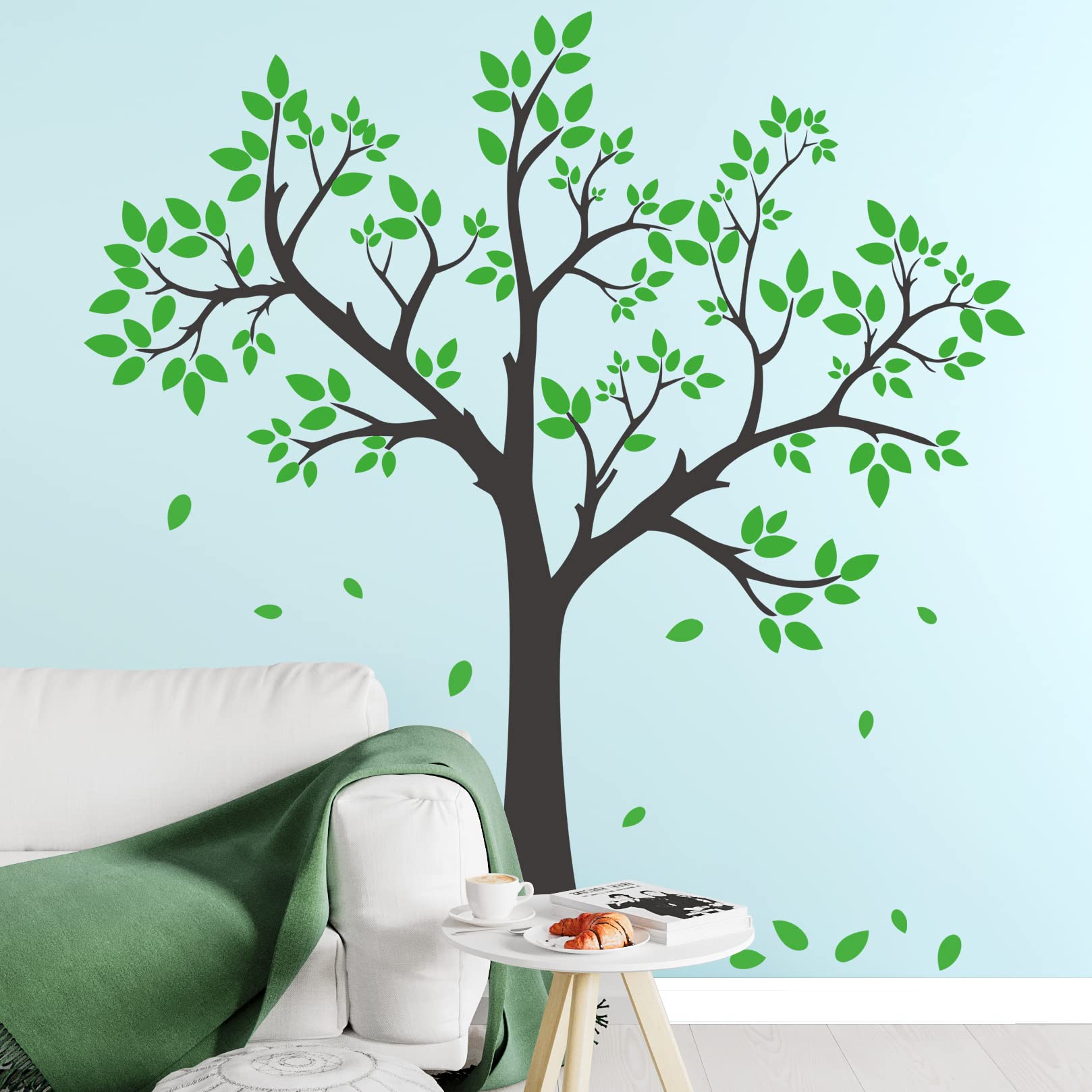 Buiory Giant Tree Wall Decal Removable Falling Green Leaves Wall Sticker DIY Peel and Stick Art Decor Black Tree Wall Sticker for Baby Kids Girls Bedroom Classroom Nursery Walls Background Decorations