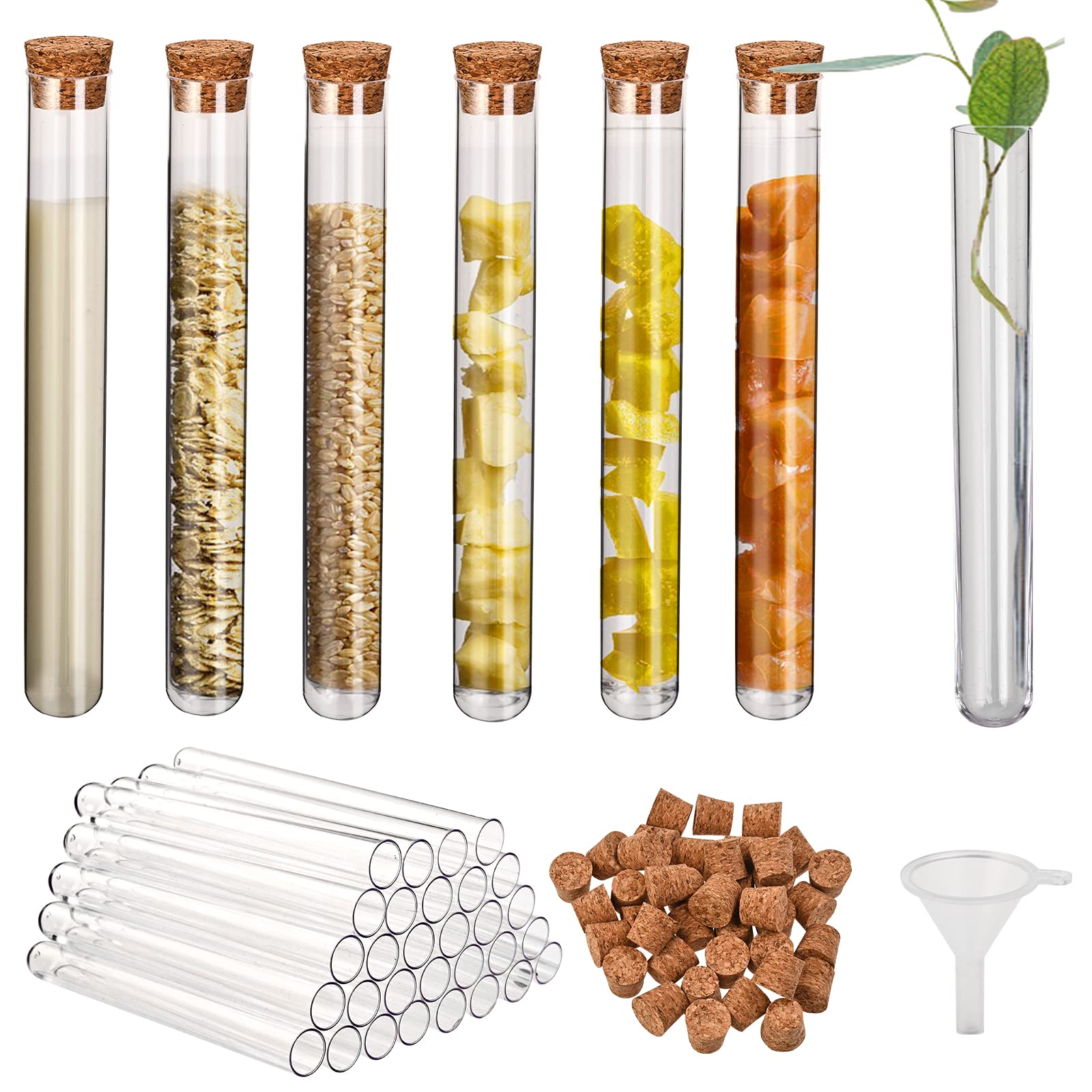 Faburo 30pcs Clear Plastic Test Tubes with Cork Stoppers, 16x100mm 10ml Small Plastic Bottles with Corks, Good Seal for Candy Storage, Bath Salt, Scientific Experiments and Plant Propagation