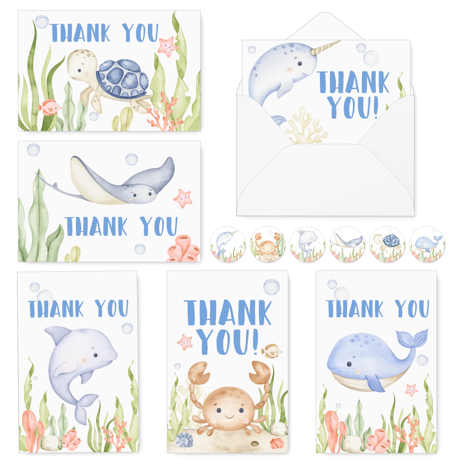 Whaline 30 Pack Under the Sea Thank You Cards with Envelopes Stickers Watercolor Ocean Animal Baby Shower Thank You Cards for Greeting Birthday 4 x 6 Inch