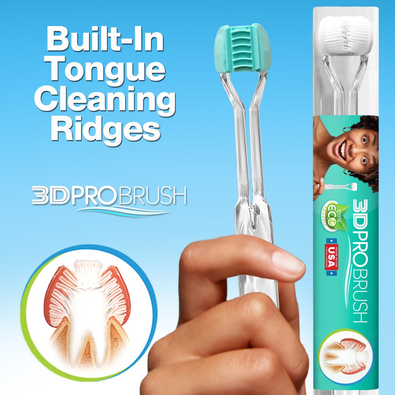 3D PRO BRUSH | NEW Crystal Clear 3-Sided Toothbrush | 3X Triple Clean + Soft Gum Massage | Built-In Tongue Scraper | Sustainable Eco-Friendly Design | Kids Adults Braces Travel | MADE IN USA