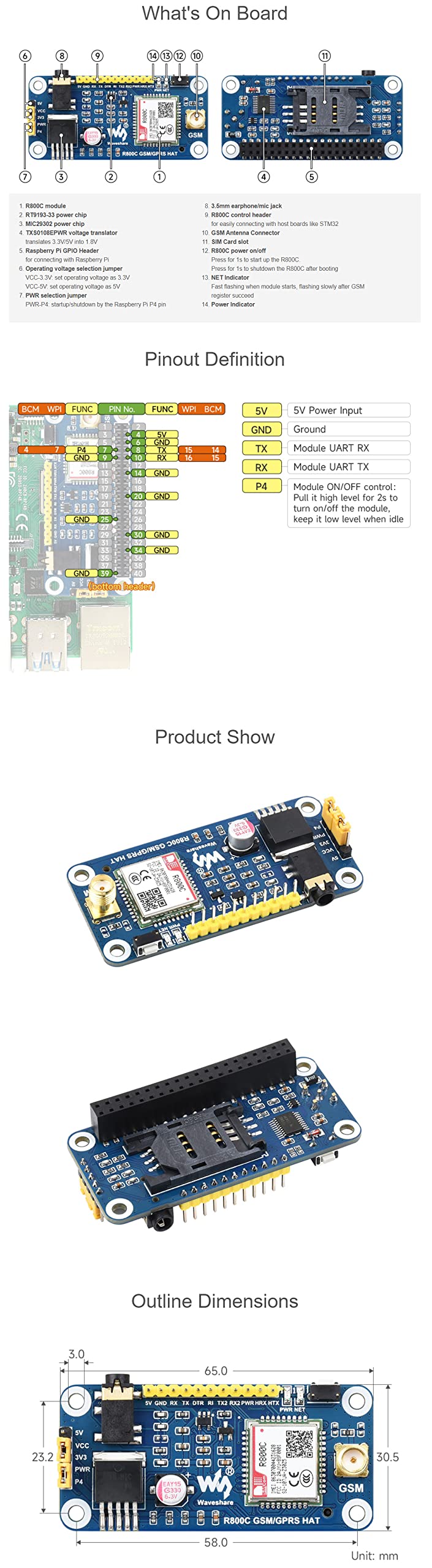 R800C GSM/GPRS HAT for Raspberry Pi Series & Jetson Nano, Support 2G Communication, Phone Call & SMS