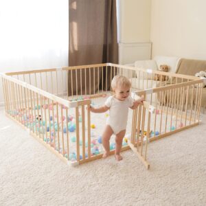 wooden baby gate & baby playpen play yards for babies and toddlers, large baby fence with locking gate activity center, toddler fence play area indoor(63 * 47 * 24inch)