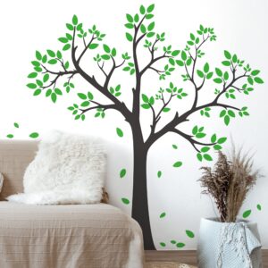 Buiory Giant Tree Wall Decal Removable Falling Green Leaves Wall Sticker DIY Peel and Stick Art Decor Black Tree Wall Sticker for Baby Kids Girls Bedroom Classroom Nursery Walls Background Decorations