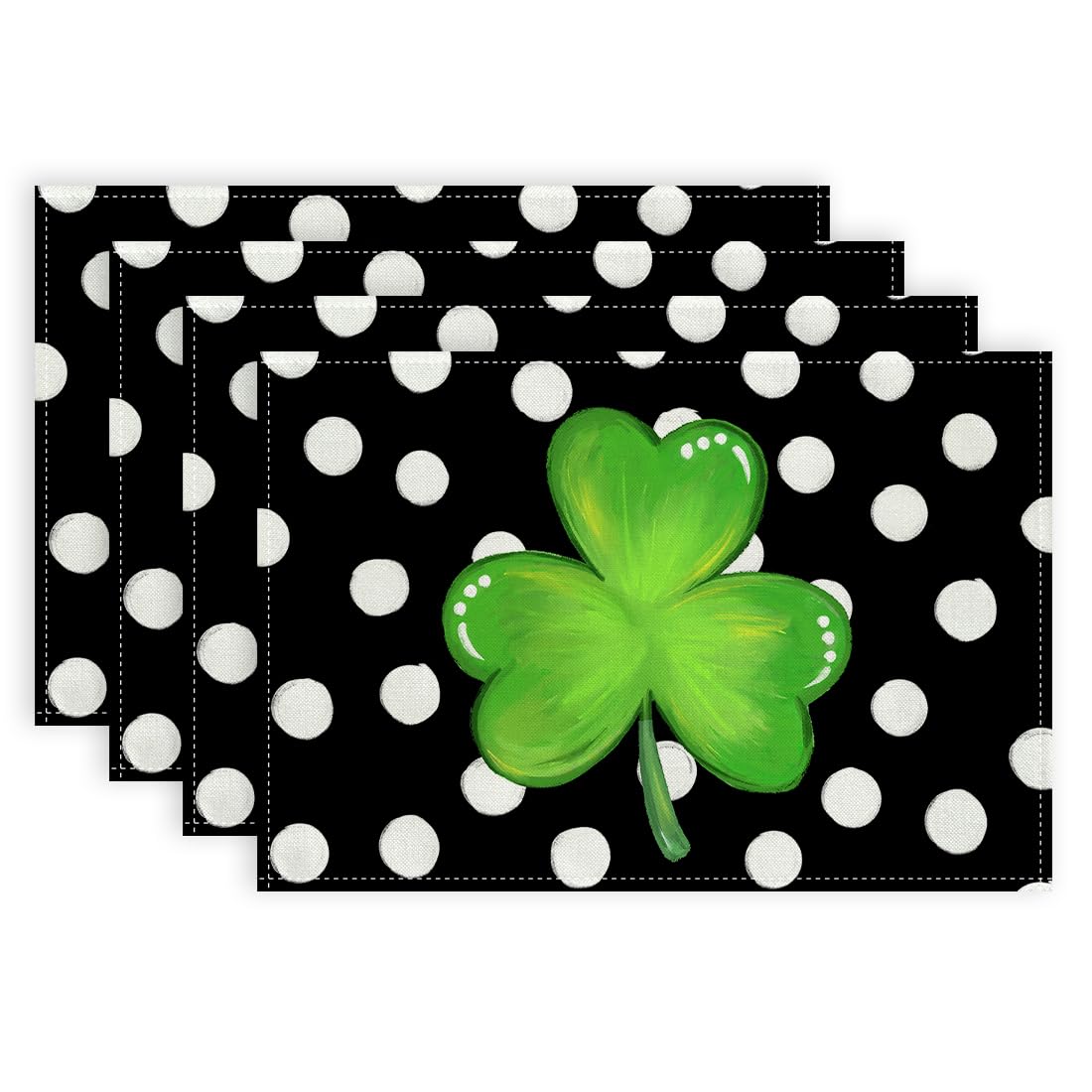 ARKENY St Patricks Day Placemats 12X18 Inches Set of 4, Green Shamrock Black Dots Spring Seasonal Farmhouse Burlap Indoor Kitchen Dining Table Mats Decorations for Home Party AP254-18