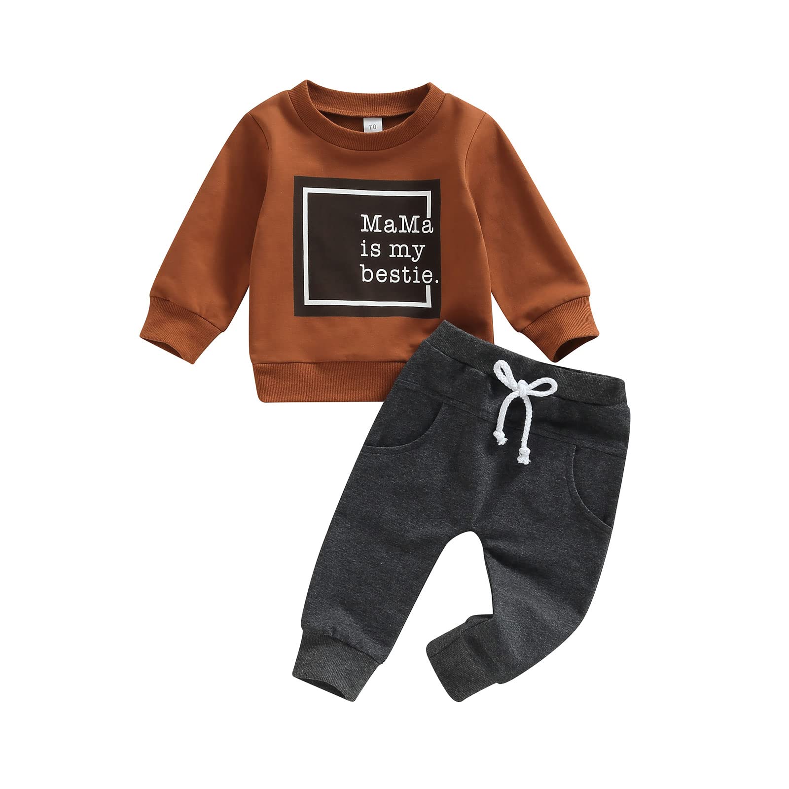 Toddler Baby Boy Clothes Solid Color Long Sleeve Crewneck Sweatshirt Top Casual Pants Set 2Pcs Fall Winter Outfits (Mama is My Bestie- Brown & Grey, 18-24 Months)