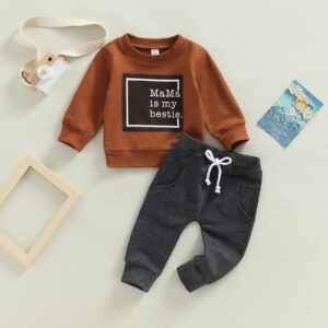 Toddler Baby Boy Clothes Solid Color Long Sleeve Crewneck Sweatshirt Top Casual Pants Set 2Pcs Fall Winter Outfits (Mama is My Bestie- Brown & Grey, 18-24 Months)