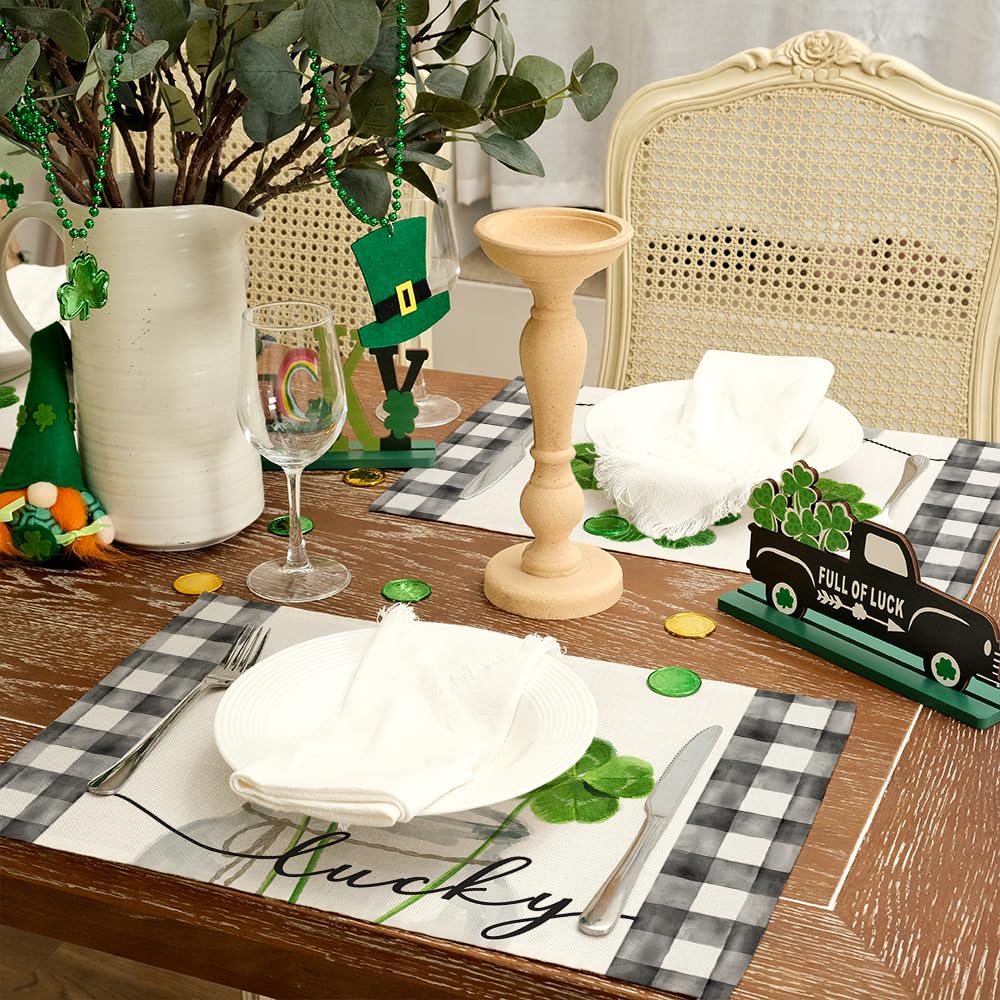 ARKENY St Patricks Day Placemats 12x18 Inches Set of 4, Green Shamrock Mason Jar Lucky Spring Seasonal Farmhouse Buffalo Plaid Burlap Indoor Kitchen Dining Table Mat Decorations for Home Party