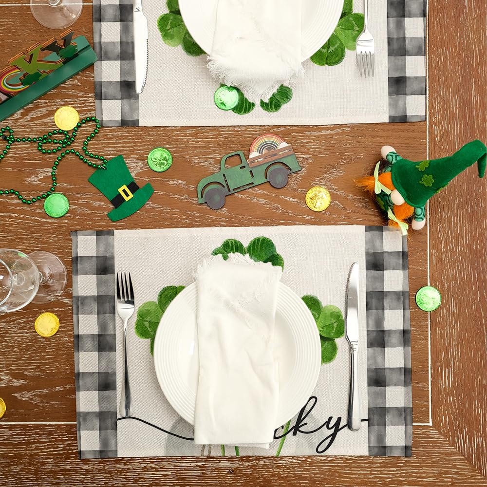 ARKENY St Patricks Day Placemats 12x18 Inches Set of 4, Green Shamrock Mason Jar Lucky Spring Seasonal Farmhouse Buffalo Plaid Burlap Indoor Kitchen Dining Table Mat Decorations for Home Party