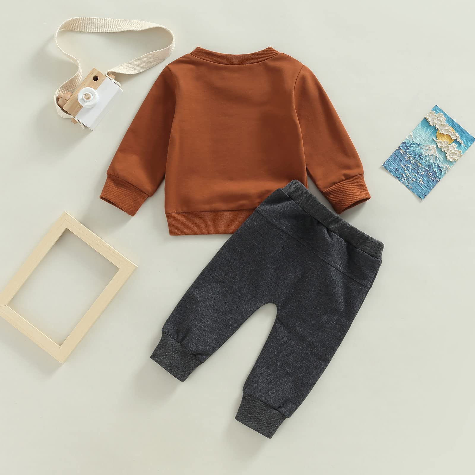 Toddler Baby Boy Clothes Solid Color Long Sleeve Crewneck Sweatshirt Top Casual Pants Set 2Pcs Fall Winter Outfits (Mama is My Bestie- Brown & Grey, 18-24 Months)