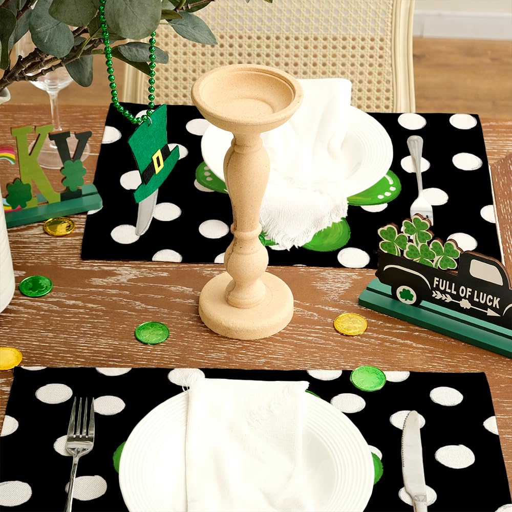 ARKENY St Patricks Day Placemats 12X18 Inches Set of 4, Green Shamrock Black Dots Spring Seasonal Farmhouse Burlap Indoor Kitchen Dining Table Mats Decorations for Home Party AP254-18