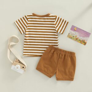 VISGOGO Baby Boys Summer Outfits Set Short Sleeve Striped T-Shirt Tops + Solid Color Short Pants 6 12 18 24 Months 2T 3T (A-Brown, 2-3 Years)