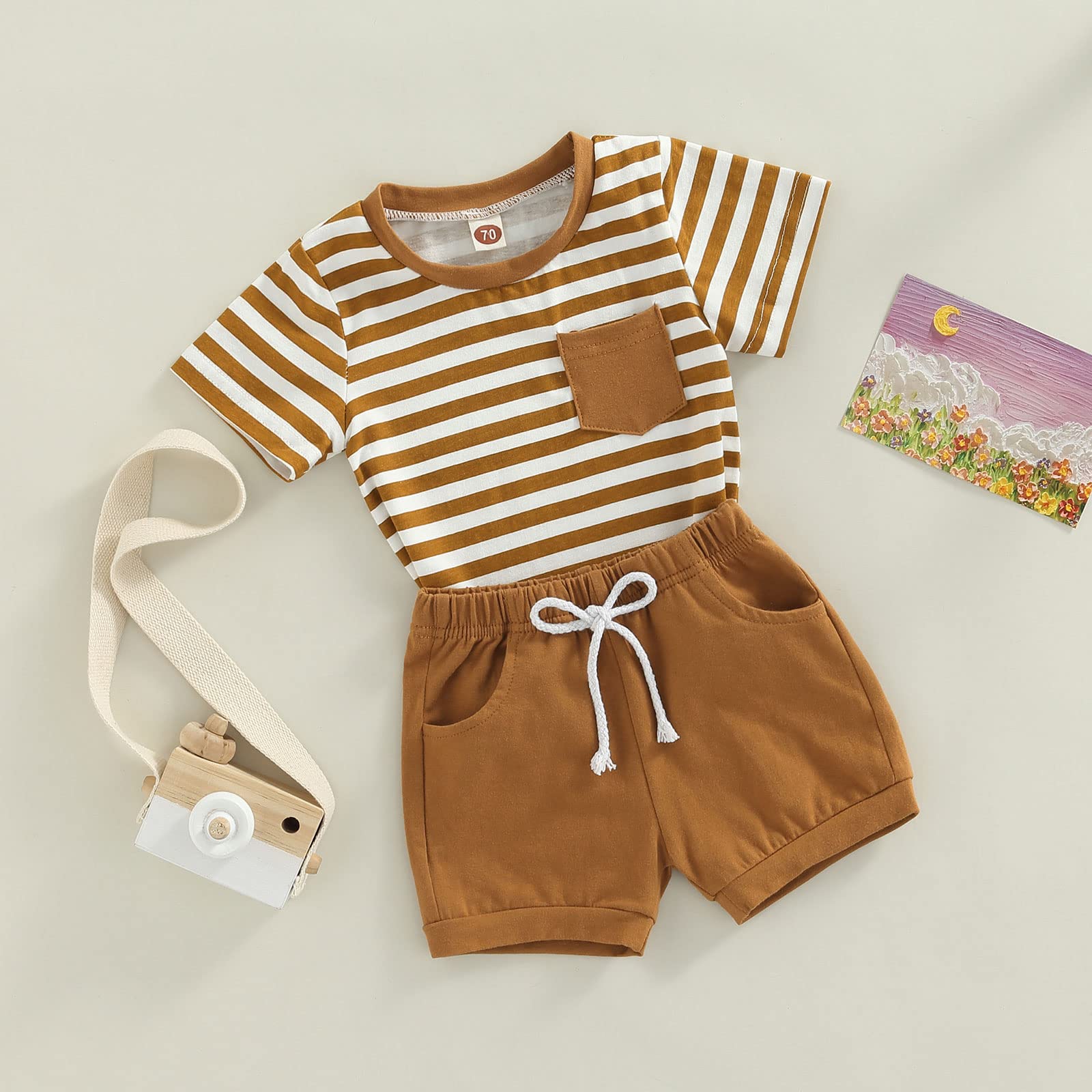 VISGOGO Baby Boys Summer Outfits Set Short Sleeve Striped T-Shirt Tops + Solid Color Short Pants 6 12 18 24 Months 2T 3T (A-Brown, 2-3 Years)