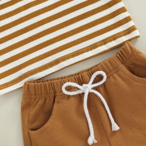 VISGOGO Baby Boys Summer Outfits Set Short Sleeve Striped T-Shirt Tops + Solid Color Short Pants 6 12 18 24 Months 2T 3T (A-Brown, 2-3 Years)