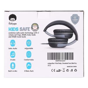 rockpapa Share 1 Kids Headphones Wired with Microphone & Share Port, 85dB/94dB Volume Limited, Cute Foldable Student Child Boys Girls Headphones for School/Classroom/Travel Black/Grey