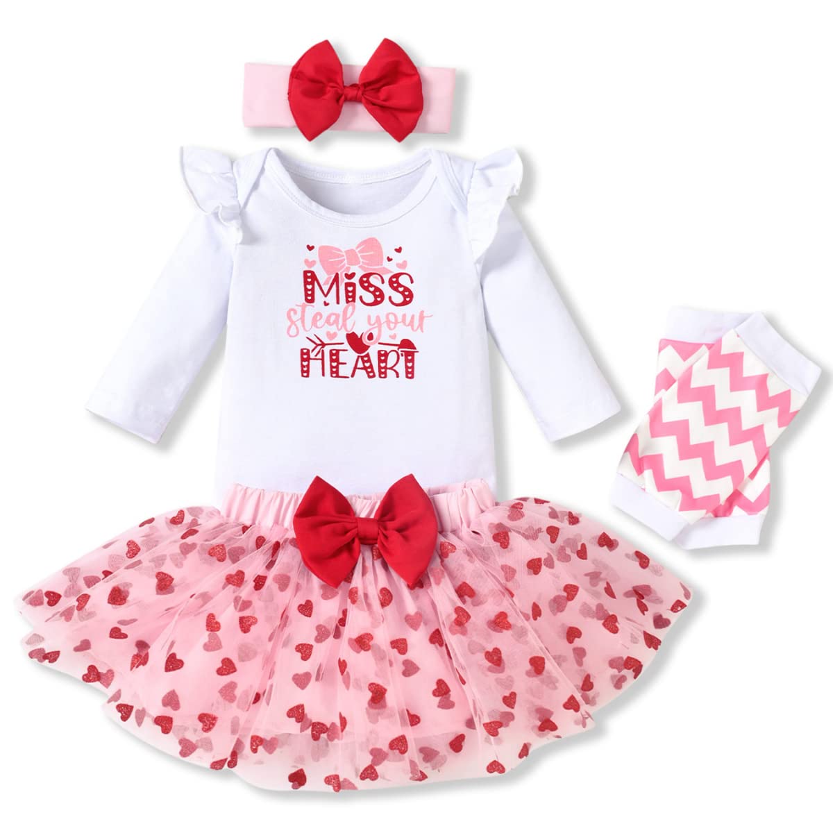 Aalizzwell 6-12 Months Baby Girls Valentines Day Outfit Infant 1st Valentines My Tulle Skirt Heart Clothes with Leg Warmers Clothing Pink