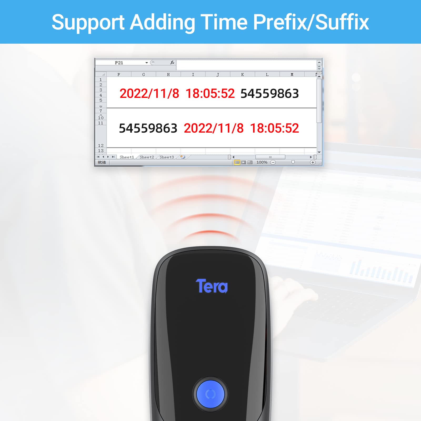 Tera Pro Extreme Performance Wireless 1D 2D QR Barcode Scanner Mini Portable Small 3-in-1 Compatible with Bluetooth & 2.4G Wireless & USB Wired Pocket Handheld Time Stamp Bar Code Reader Model 1300