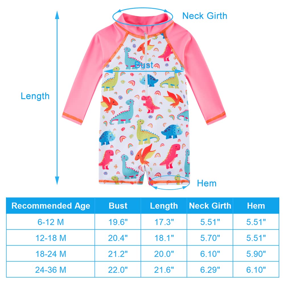 TUPOMAS Baby Girls Swimsuit Long Sleeve Dinosaur Bathing Suit Sun Protect Rashguard One Piece Swimwear 12-18 Months