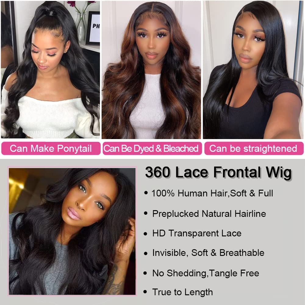 Lzlefho HD Transparent 360 Lace Front Wigs Human Hair 180% Density Pre Plucked 360 Body Wave Full Lace Human Hair Wigs for Women with Baby Hair Natural Color (28inch)