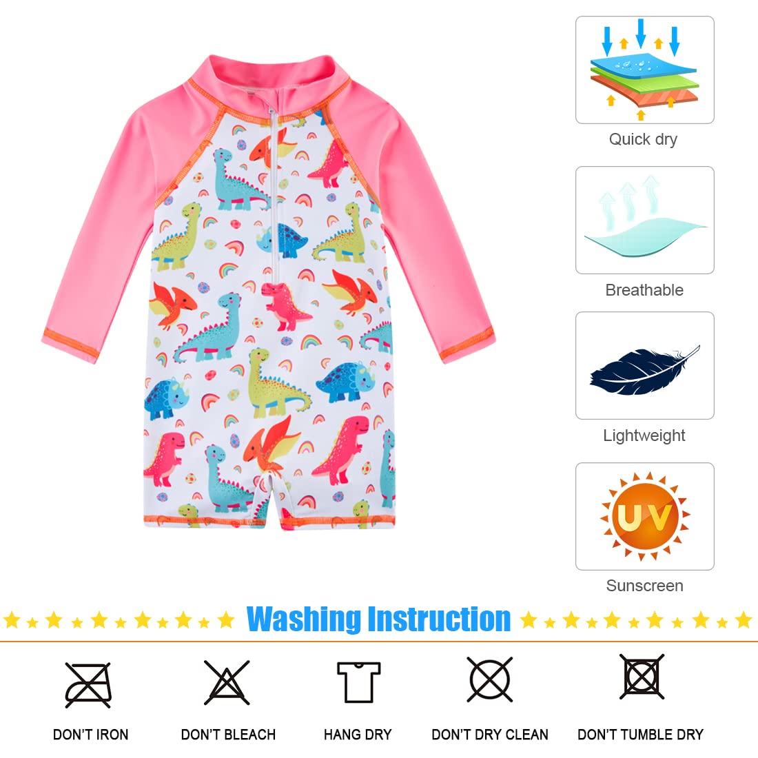 TUPOMAS Baby Girls Swimsuit Long Sleeve Dinosaur Bathing Suit Sun Protect Rashguard One Piece Swimwear 12-18 Months