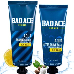 bad ace aqua bundle | korean skin care for men | protects skin from razor burn | jeju ocean men's shaving cream (4 oz) & after shave balm for men (3 oz)