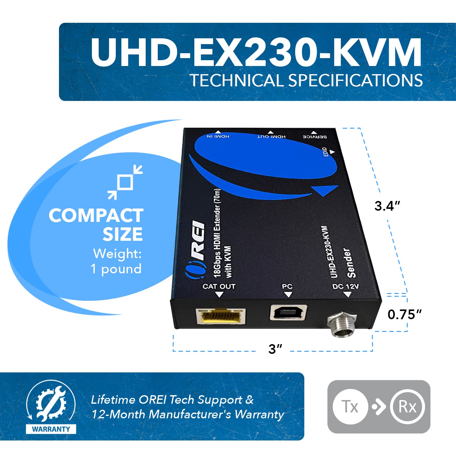 OREI KVM 4K HDMI Over Ethernet Extender Balun Over CAT6/7 Cable 4K@60Hz Upto 230 Feet - 2 USB 1.1 Ports, Supports Keyboard and Mouse USB HDMI Loop Out, Power Over Cable