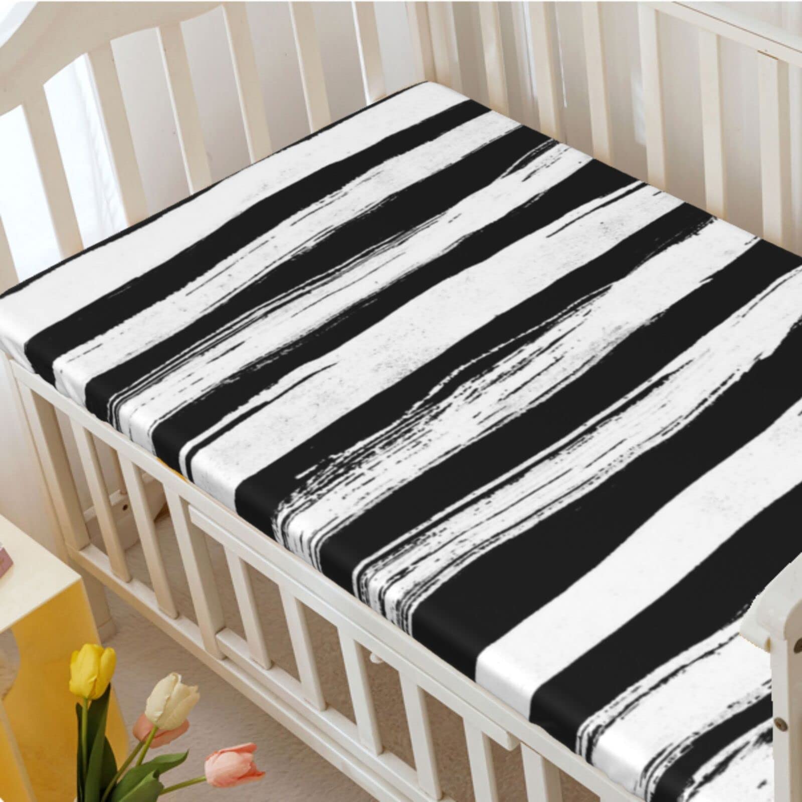 Black and White Stripe Themed Fitted Crib Sheet,Standard Crib Mattress Fitted Sheet Soft and Breathable Bed Sheets-Baby Crib Sheets for Girl or Boy, 28“ x52“,Black White