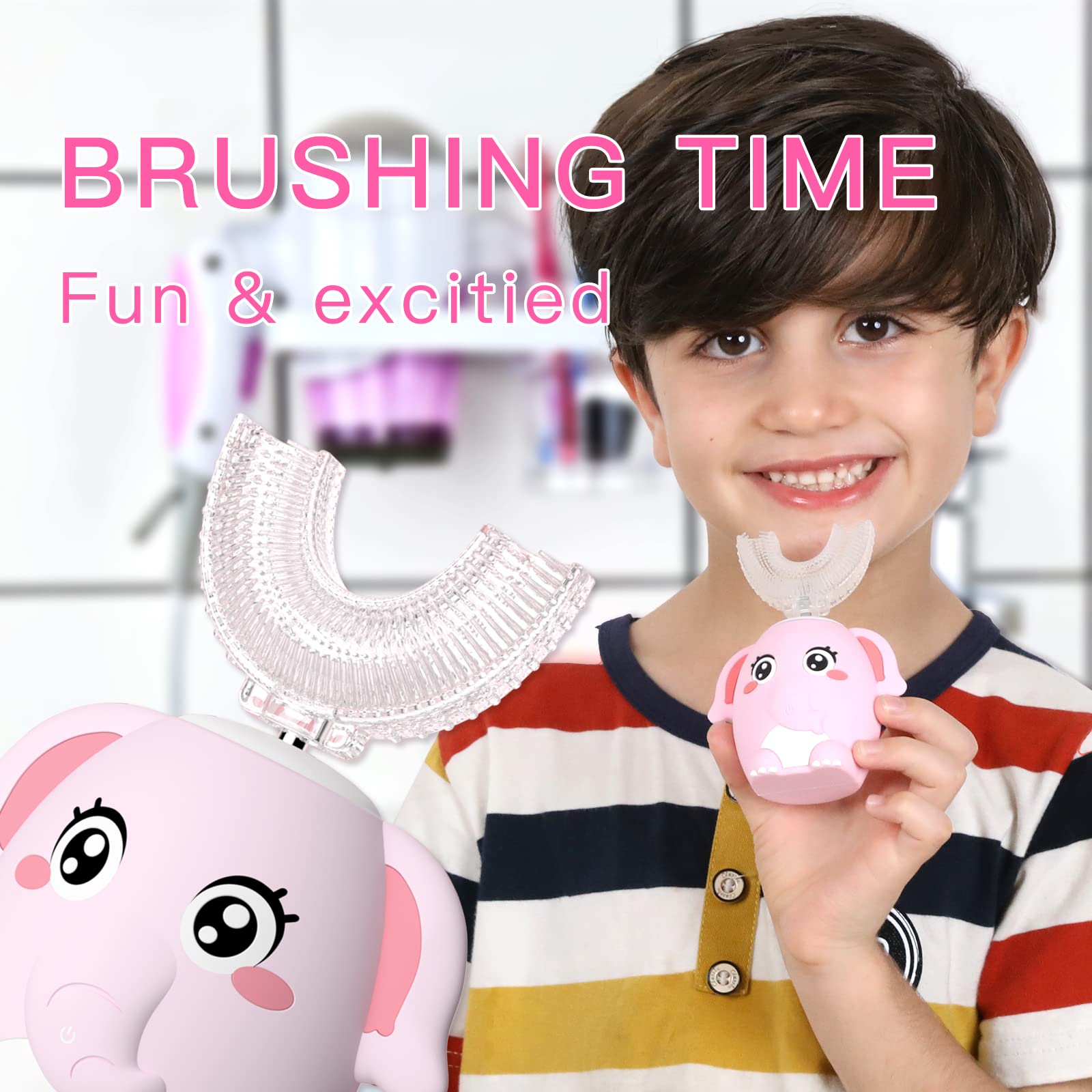 ELOTAME Kid Electric U Shaped Toothbrush with 4 Soft Brush Heads Rechargeable Children Toothbrush with 6 Cleaning Modes IPX7 Waterproof - (Age 2-7 Pink)