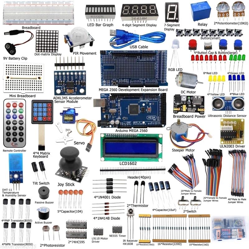 MEGA Starter Kits for Arduino Development Board ATMEGA2560 ATMEGA16U2 Chipset with LCD1602,Servo Motor and Electronic Components