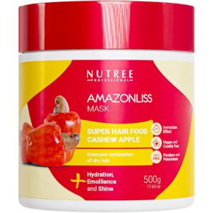 amazonliss hair mask intensive restoration & deep conditioning of dry hair cashew apple,1 minute super food 17.63 fl.oz hydrating emollience and shine mask for dry hair, vegan