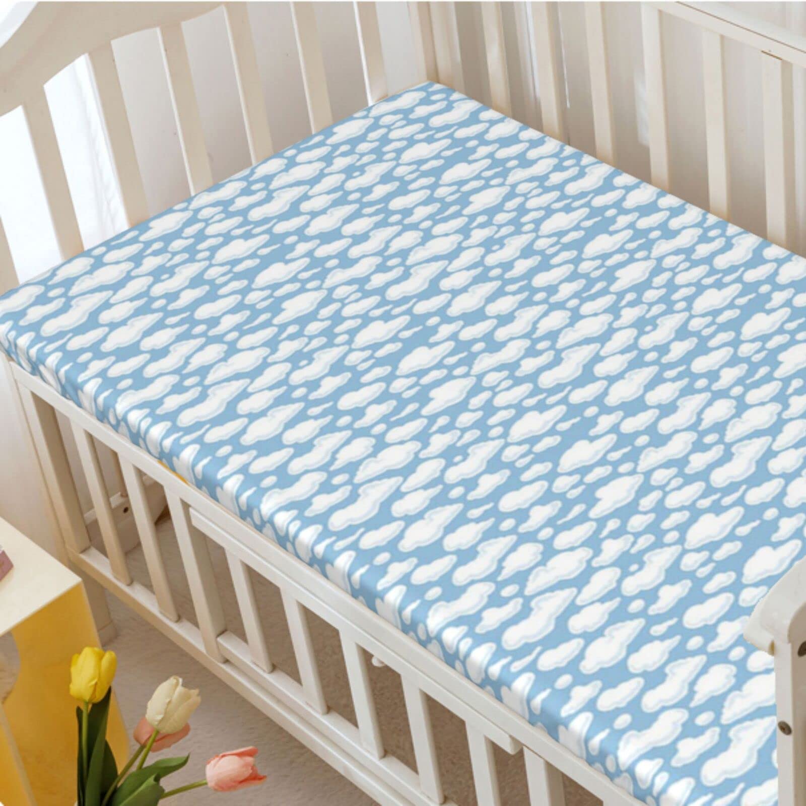 Clouds Themed Fitted Crib Sheet,Standard Crib Mattress Fitted Sheet Soft & Stretchy Fitted Crib Sheet-Baby Crib Sheets for Girl or Boy, 28“ x52“,Pale Sky Blue White