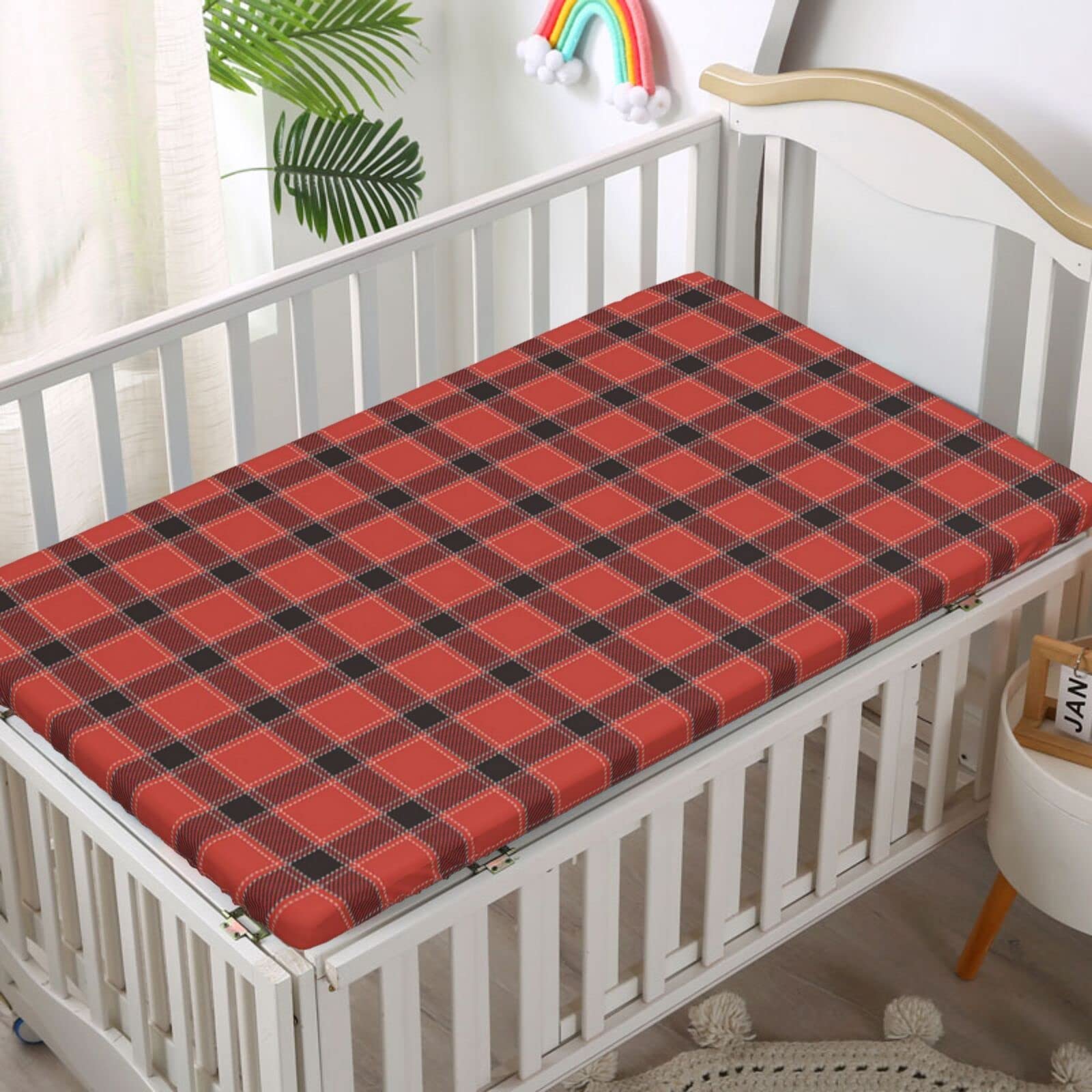 Buffalo Plaid Themed Fitted Mini Crib Sheets,Portable Mini Crib Sheets Soft and Breathable Bed Sheets-Baby Crib Sheets for Girl or Boy, 24“ x38“,Charcoal Grey and Vermilion