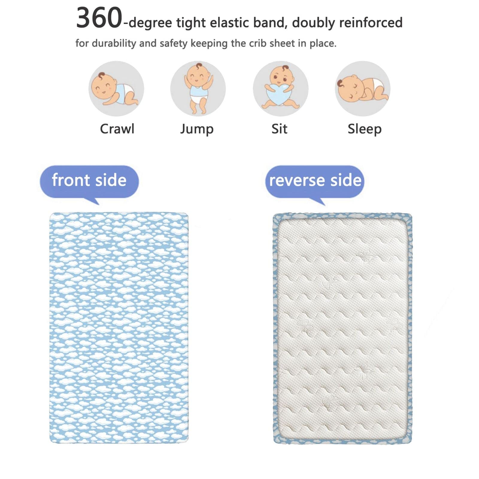 Clouds Themed Fitted Crib Sheet,Standard Crib Mattress Fitted Sheet Soft & Stretchy Fitted Crib Sheet-Baby Crib Sheets for Girl or Boy, 28“ x52“,Pale Sky Blue White