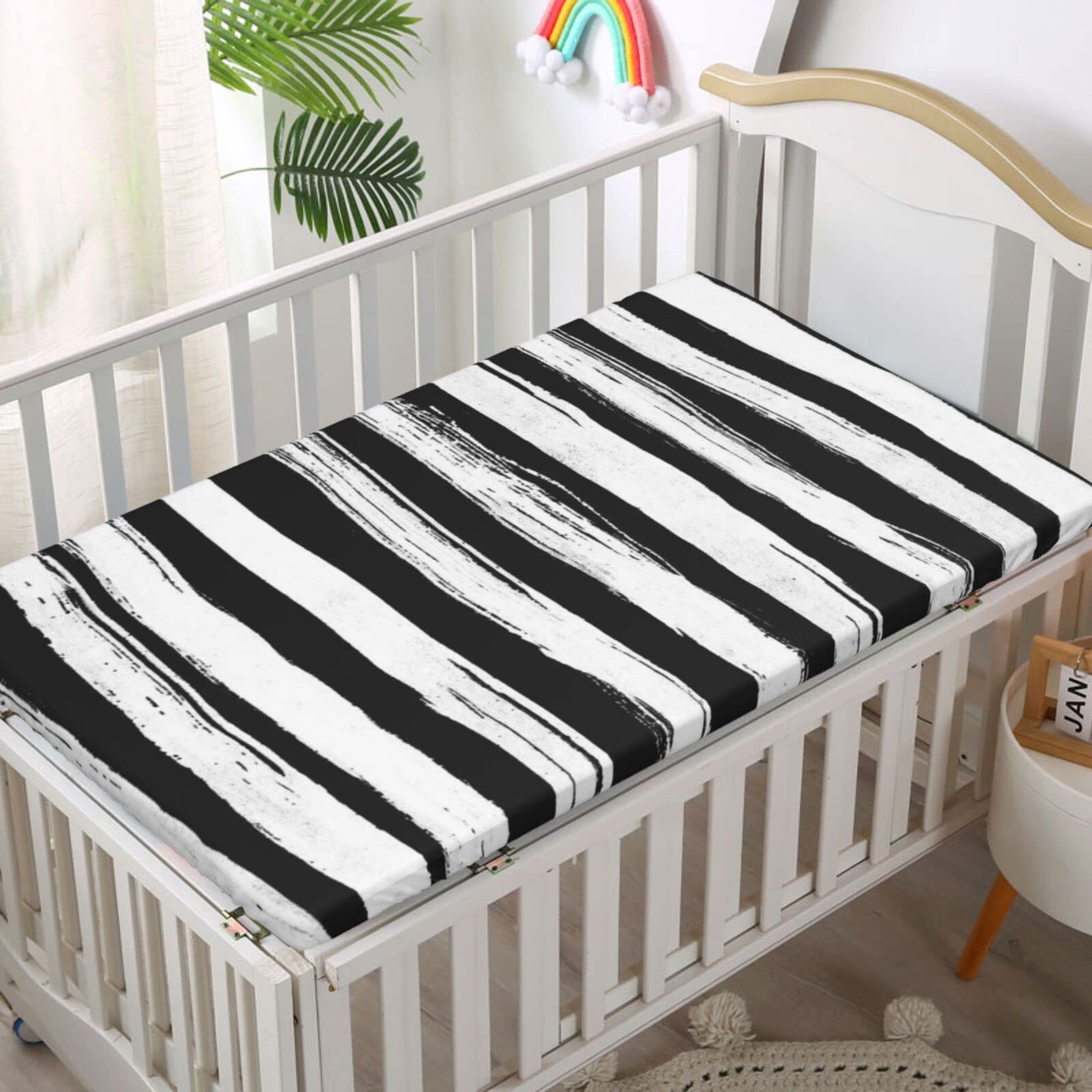 Black and White Stripe Themed Fitted Crib Sheet,Standard Crib Mattress Fitted Sheet Soft and Breathable Bed Sheets-Baby Crib Sheets for Girl or Boy, 28“ x52“,Black White