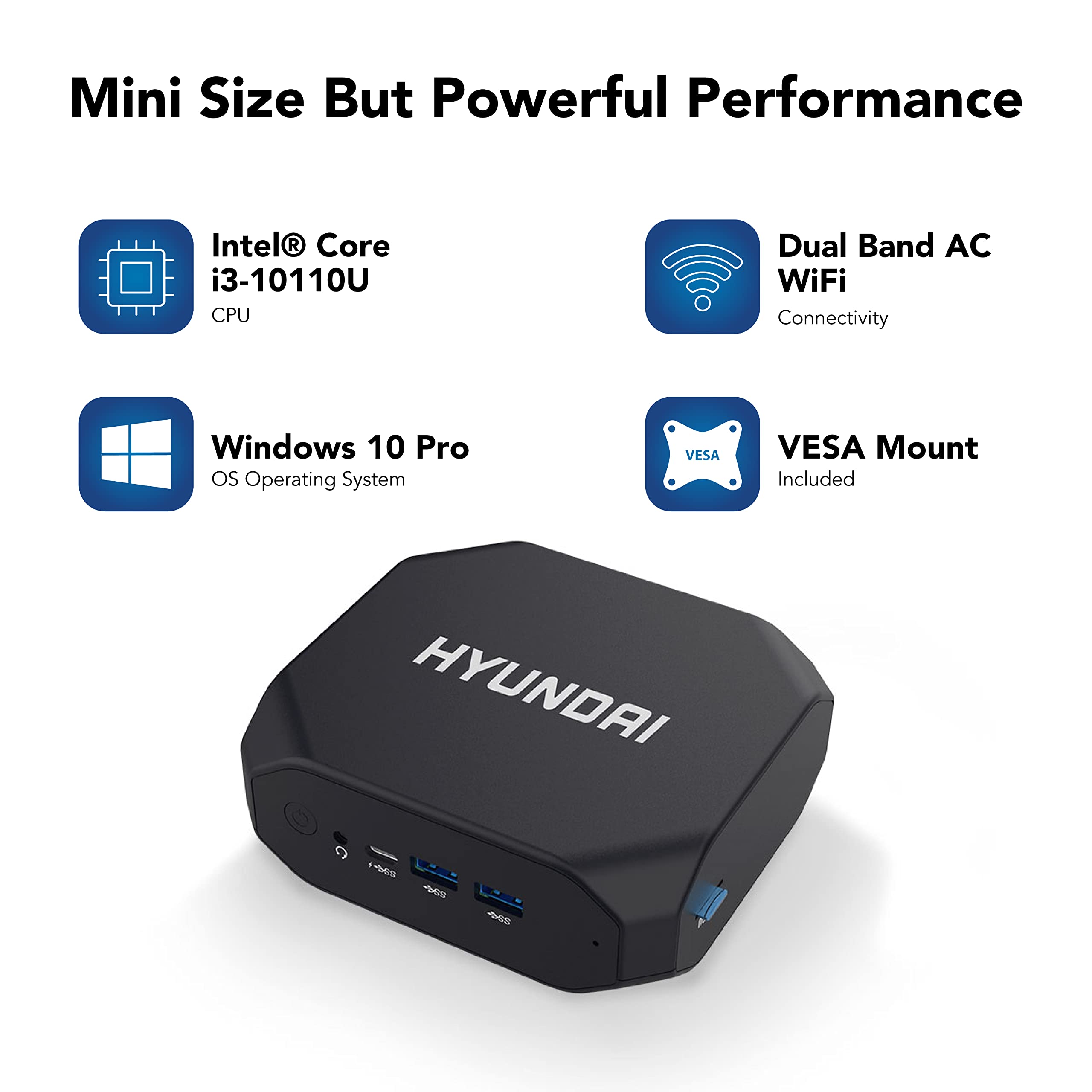 Hyundai Mini PC Intel Core i3 8GB RAM 256GB SSD Mini Desktop Computer Windows 10 Pro, Dual-Band WiFi, Bluetooth 5.0, Dual Monitor Support, microSD Slot, Black