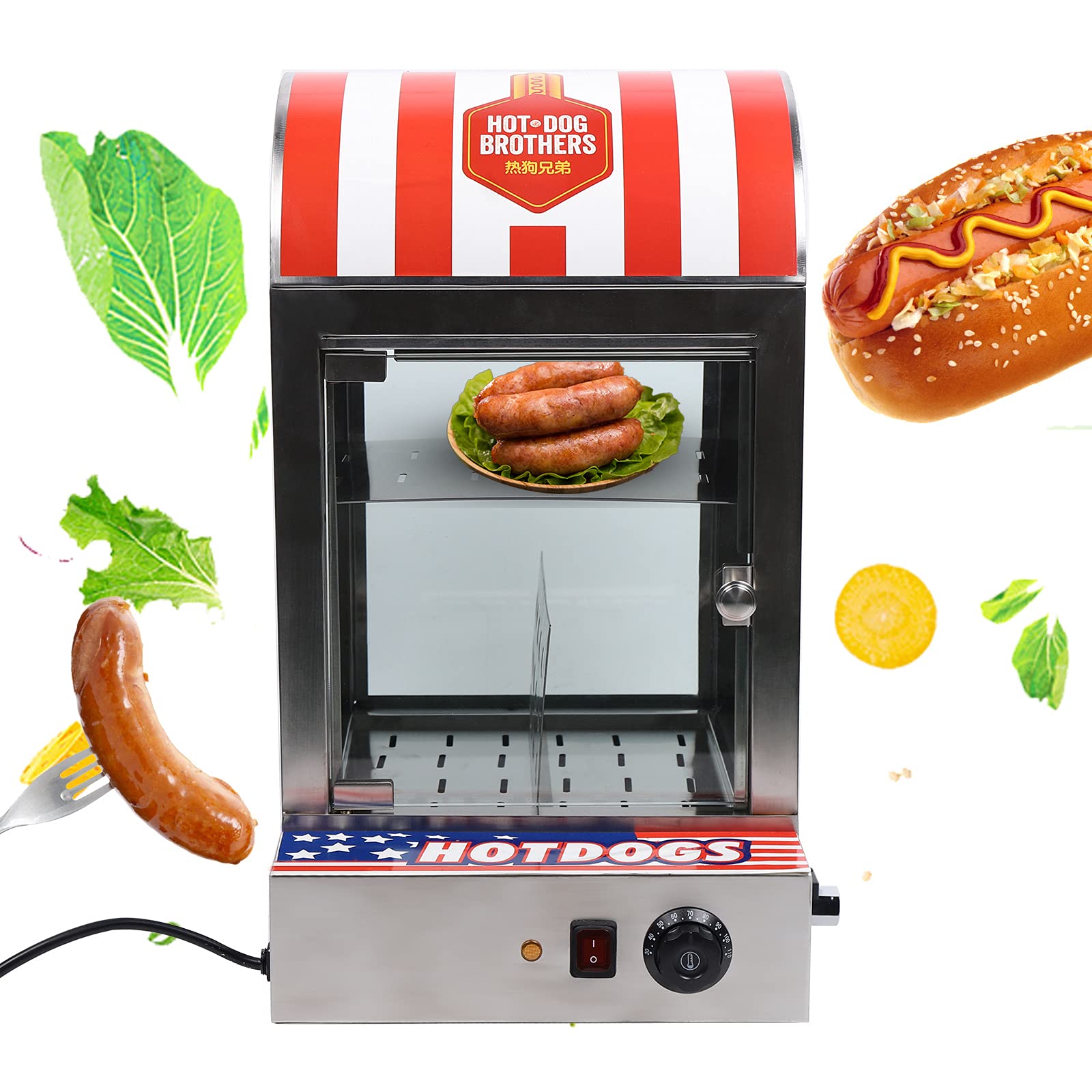 kitneed 1500W Hot Dog Steamer Machine, 2-Tier Commercial Hot Dog Hut Steamer, Stainless Steel Electric Hot Dog Steamer Machine with Temperature Adjustable for Bakery, Convenience and Household