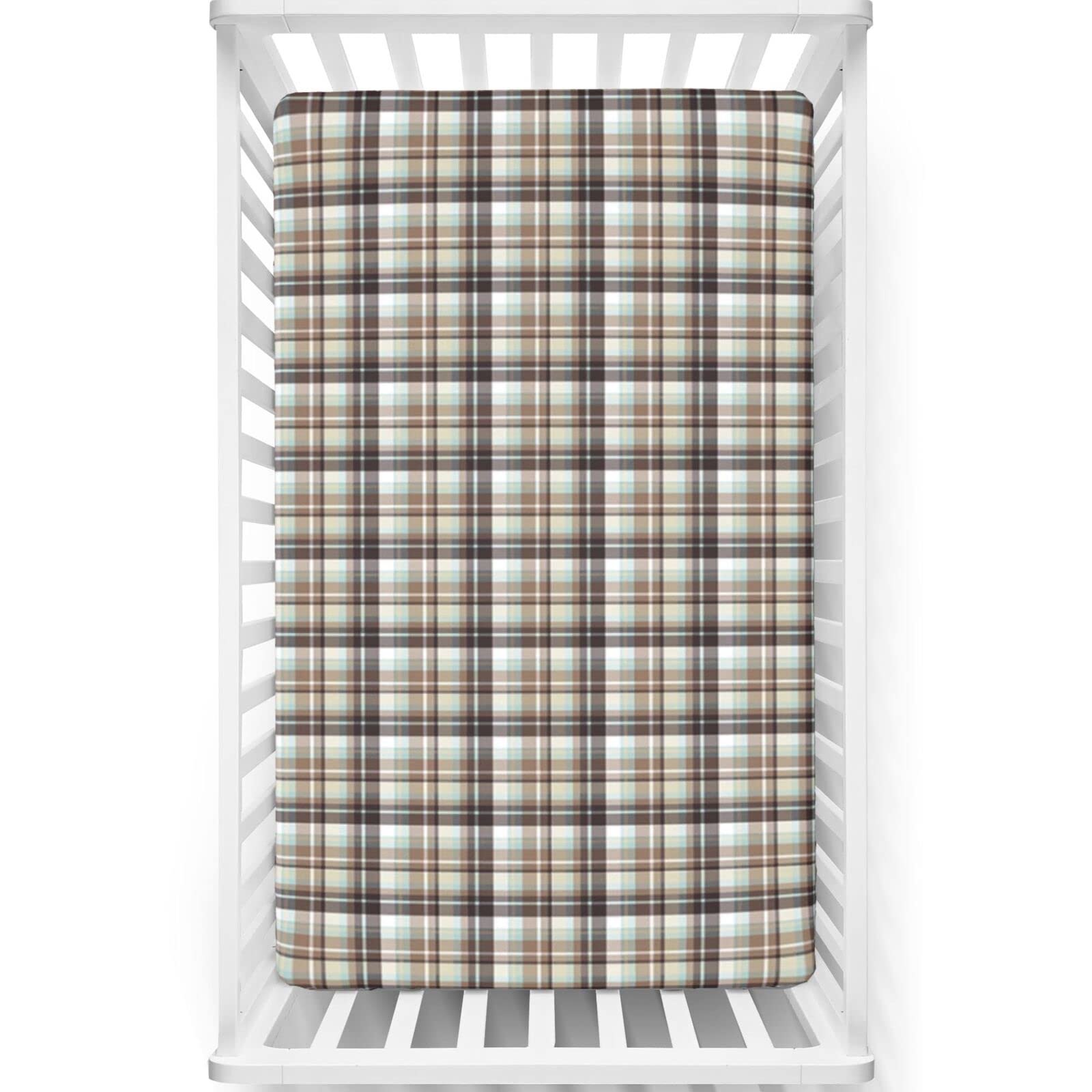 Brown Plaid Themed Fitted Crib Sheet,Standard Crib Mattress Fitted Sheet Soft & Stretchy Fitted Crib Sheet-Baby Crib Sheets for Girl or Boy, 28“ x52“,Multicolor