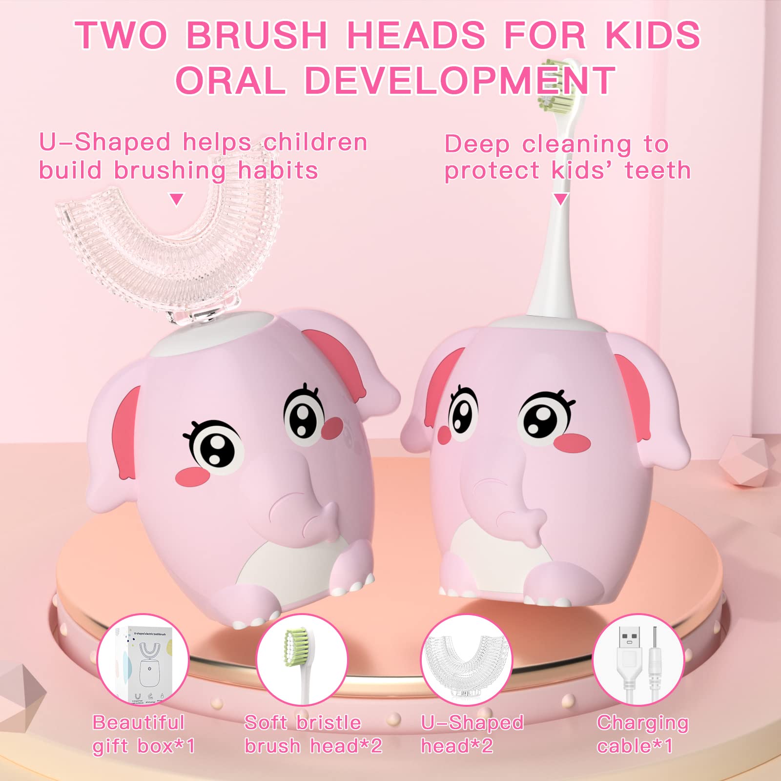 ELOTAME Kid Electric U Shaped Toothbrush with 4 Soft Brush Heads Rechargeable Children Toothbrush with 6 Cleaning Modes IPX7 Waterproof - (Age 2-7 Pink)