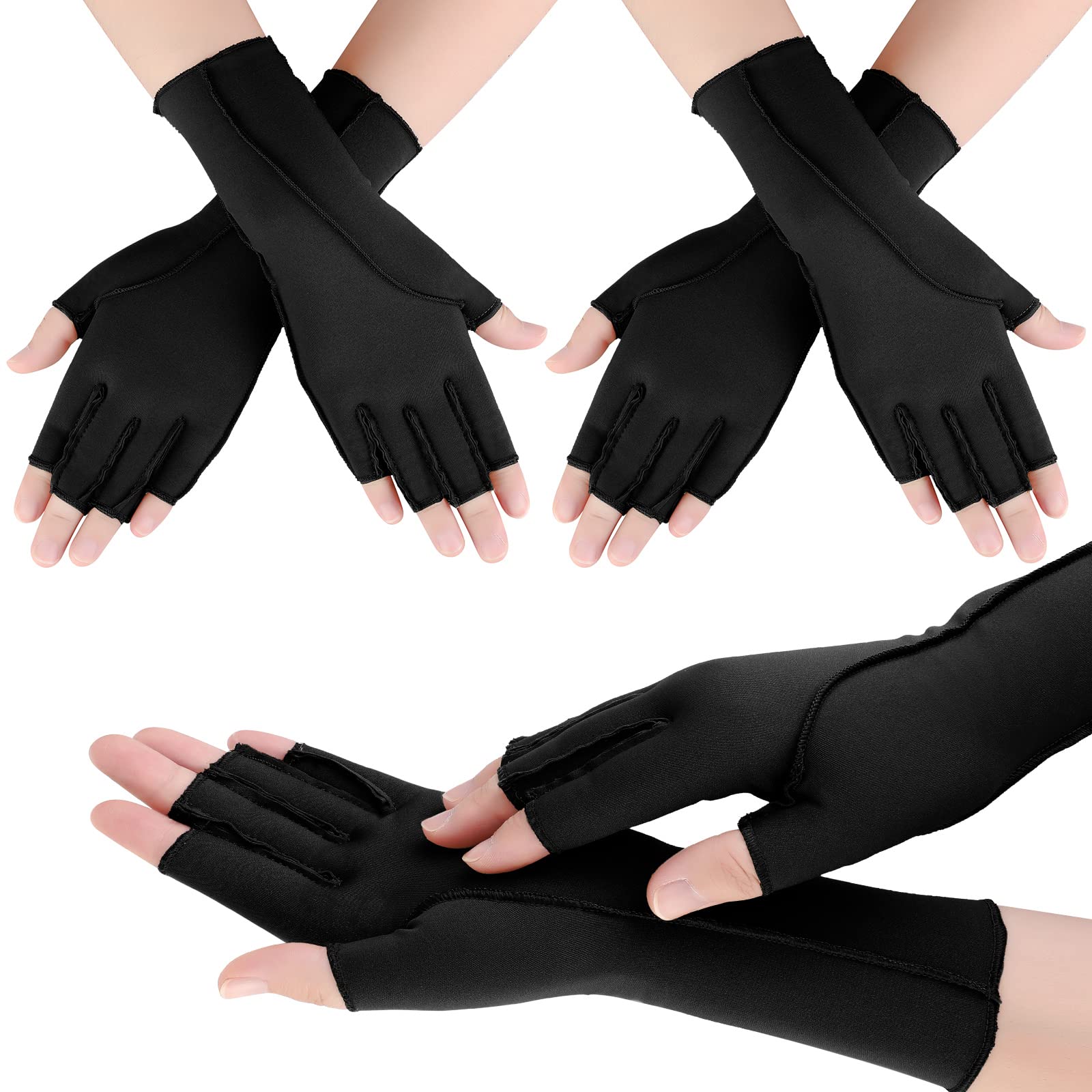 Janmercy 3 Pairs Arthritis Compression Gloves Outside Seams Fingerless Compression Gloves for Women Men Carpal Tunnel Swelling (Black, Normal)