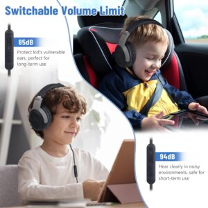 rockpapa Share 1 Kids Headphones Wired with Microphone & Share Port, 85dB/94dB Volume Limited, Cute Foldable Student Child Boys Girls Headphones for School/Classroom/Travel Black/Grey