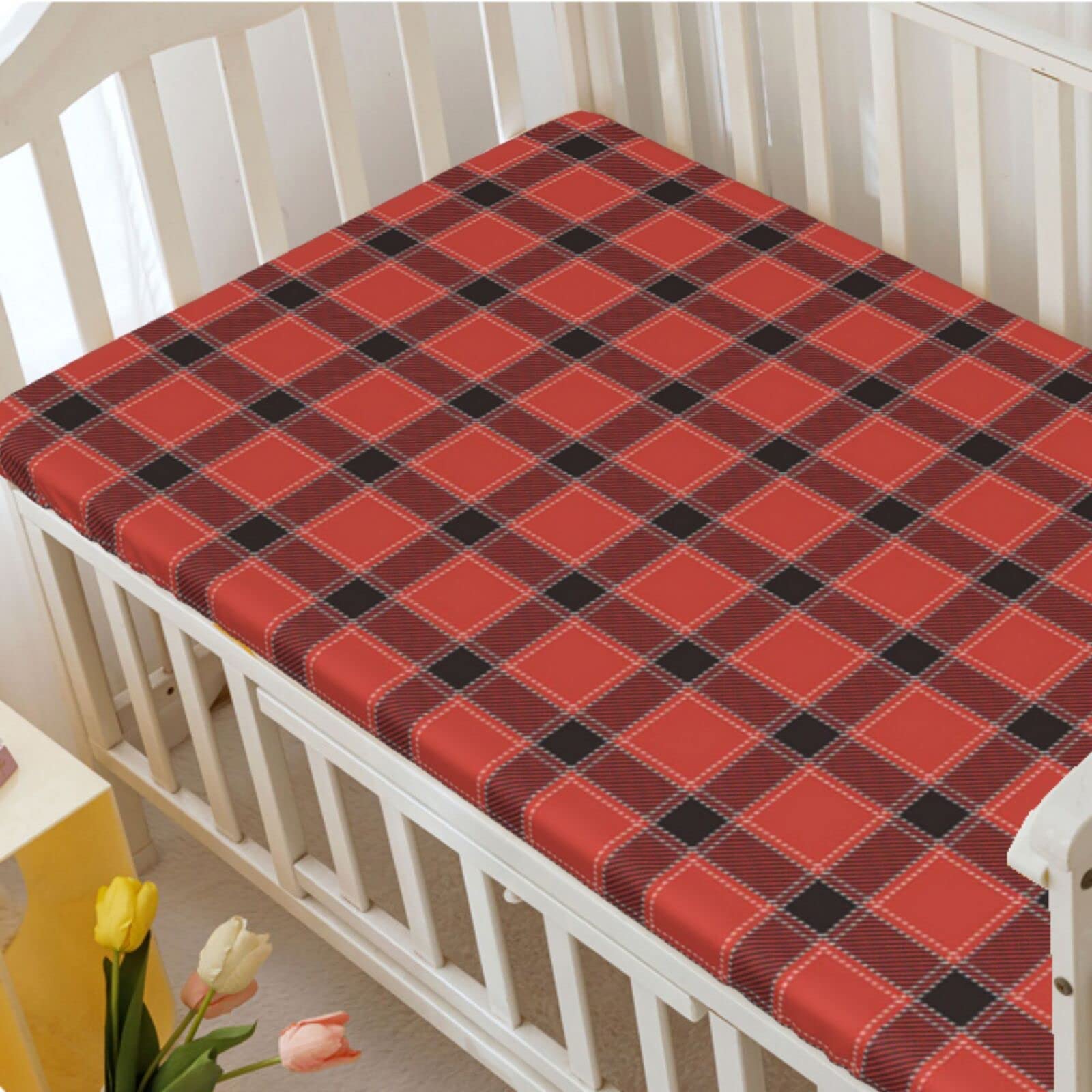 Buffalo Plaid Themed Fitted Mini Crib Sheets,Portable Mini Crib Sheets Soft and Breathable Bed Sheets-Baby Crib Sheets for Girl or Boy, 24“ x38“,Charcoal Grey and Vermilion