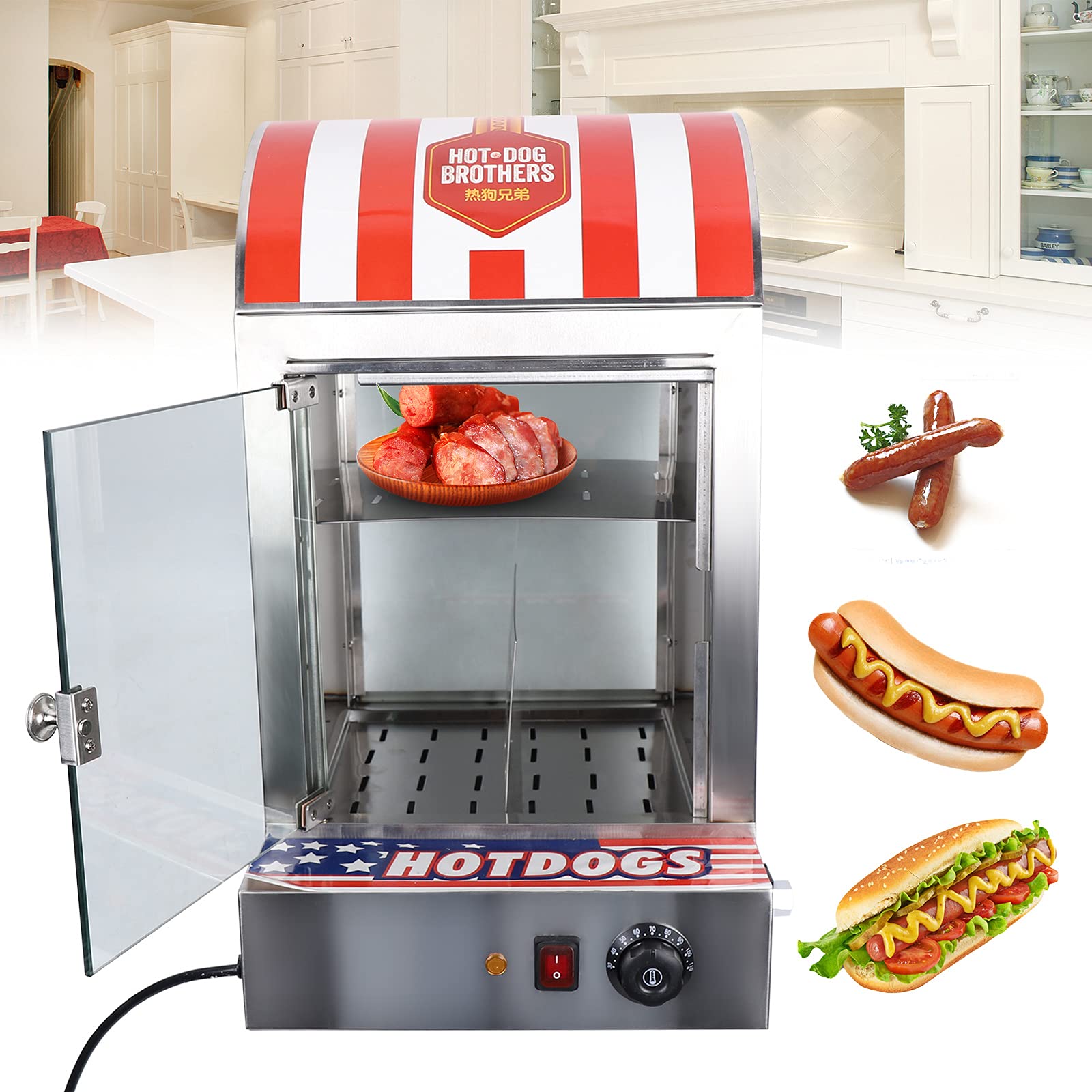 kitneed 1500W Hot Dog Steamer Machine, 2-Tier Commercial Hot Dog Hut Steamer, Stainless Steel Electric Hot Dog Steamer Machine with Temperature Adjustable for Bakery, Convenience and Household