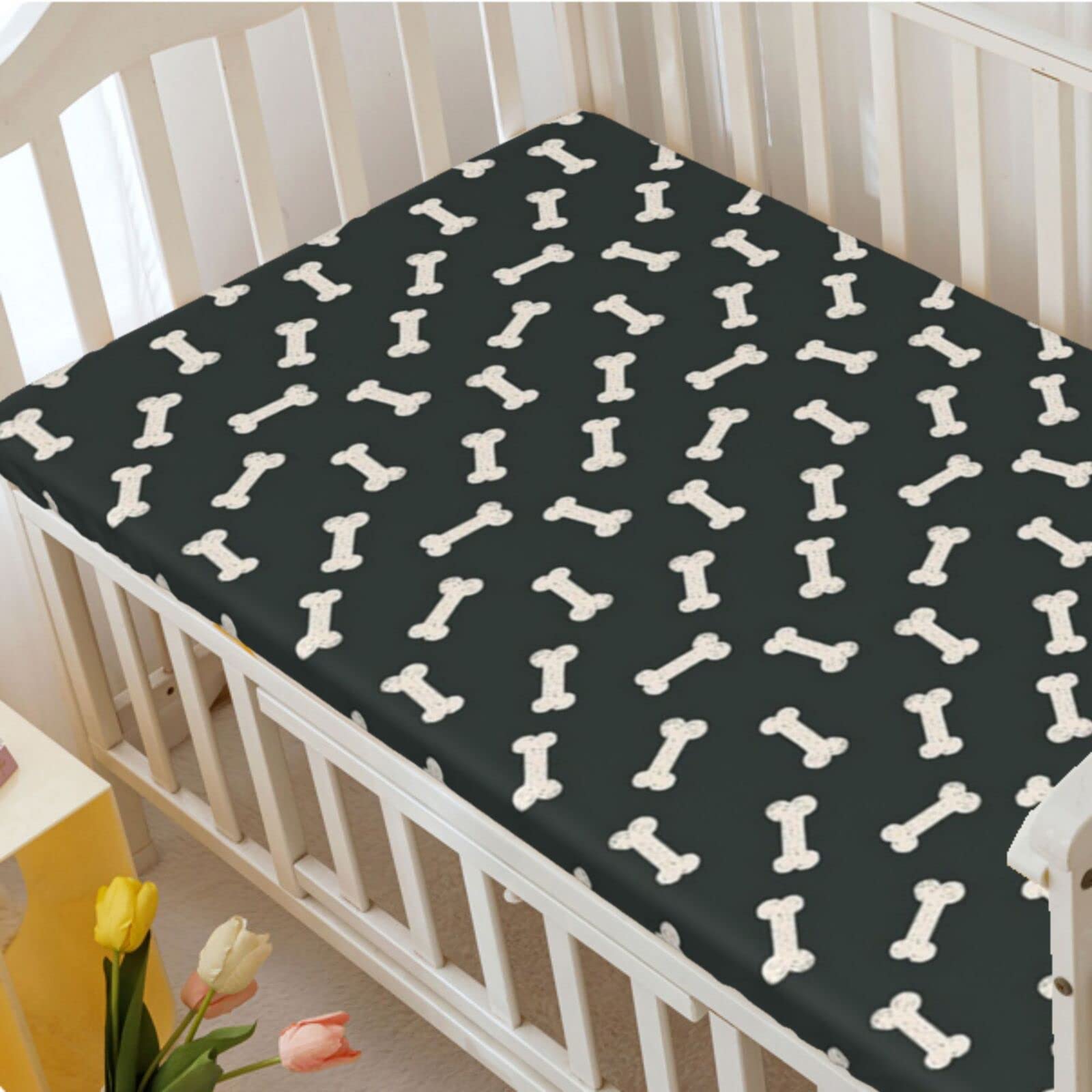 Dog Bone Themed Fitted Crib Sheet,Standard Crib Mattress Fitted Sheet Ultra Soft Material-Baby Crib Sheets for Girl or Boy, 28“ x52“,Ivory and Charcoal Grey