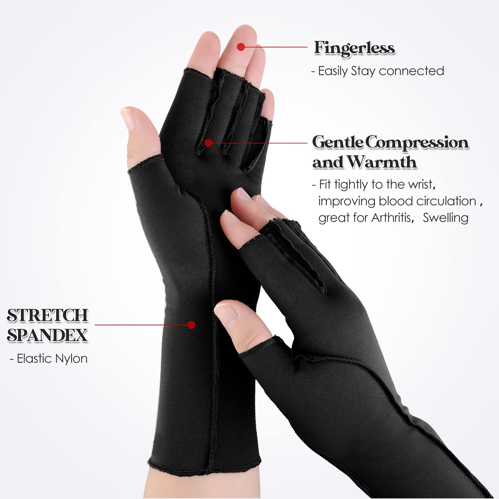 Janmercy 3 Pairs Arthritis Compression Gloves Outside Seams Fingerless Compression Gloves for Women Men Carpal Tunnel Swelling (Black, Normal)