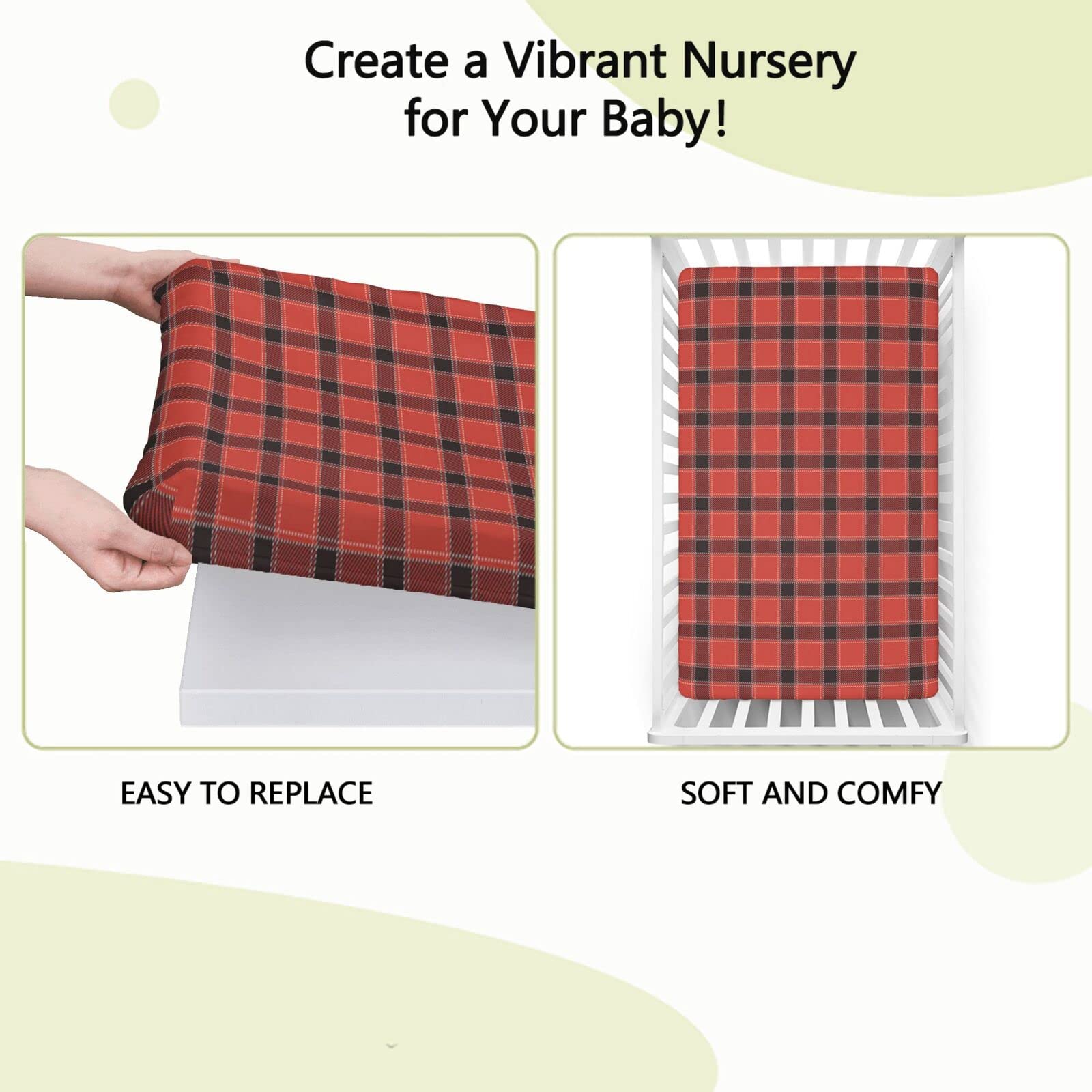 Buffalo Plaid Themed Fitted Mini Crib Sheets,Portable Mini Crib Sheets Soft and Breathable Bed Sheets-Baby Crib Sheets for Girl or Boy, 24“ x38“,Charcoal Grey and Vermilion