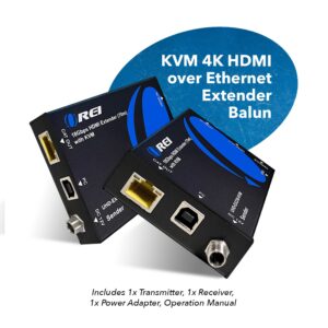 OREI KVM 4K HDMI Over Ethernet Extender Balun Over CAT6/7 Cable 4K@60Hz Upto 230 Feet - 2 USB 1.1 Ports, Supports Keyboard and Mouse USB HDMI Loop Out, Power Over Cable