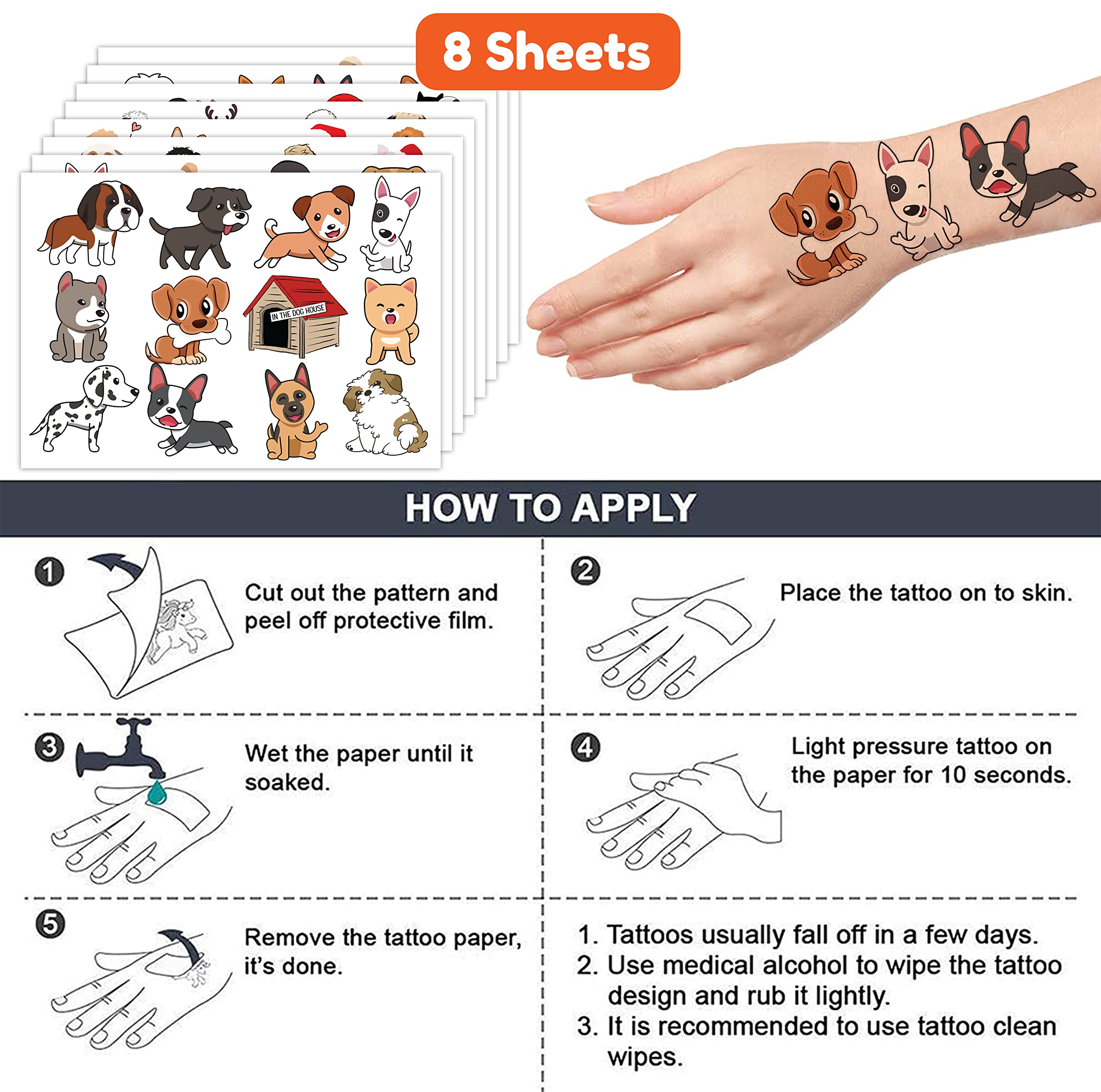 8 Sheets (96PCS) Temporary Tattoos Dog Birthday Party Supplies Decorations Party Favors Tattoo Stickers For Kids Girls Boys Gifts Classroom School Theme Prizes Rewards