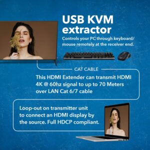 OREI KVM 4K HDMI Over Ethernet Extender Balun Over CAT6/7 Cable 4K@60Hz Upto 230 Feet - 2 USB 1.1 Ports, Supports Keyboard and Mouse USB HDMI Loop Out, Power Over Cable