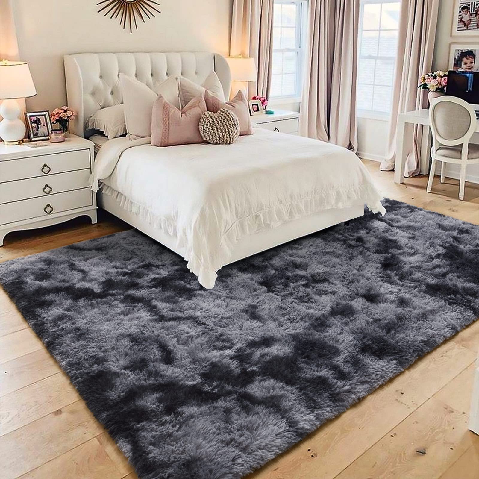 HOMORE Soft Fluffy Rug for Bedroom, Tie Dye Rugs for Living Room, Non Slip Shaggy Plush Carpet for Kids Nursery Toddler, 4x6 Feet Area Rugs for Room Floor, Dark Gray/Black