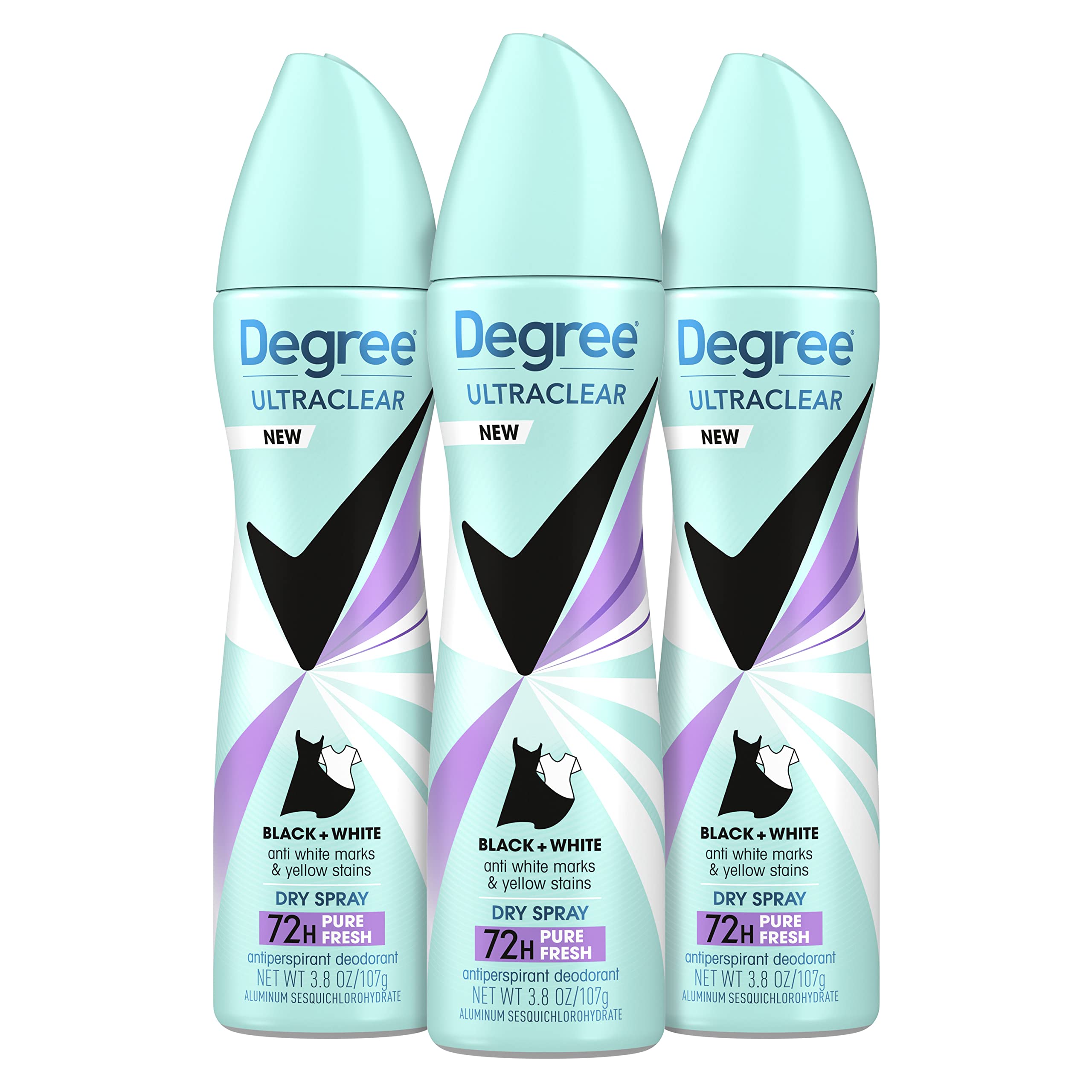 Degree Antiperspirant Dry Spray Pure Fresh 3 Count Anti White Marks and Yellow Stains Deodorant for Women 3.8 oz(Pack of 3)